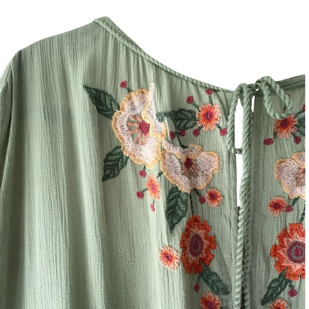 FREE PEOPLE SPELL ON YOU EMBROIDERED DRESS EARTH SAGE TASSEL TIES LINED | LARGE